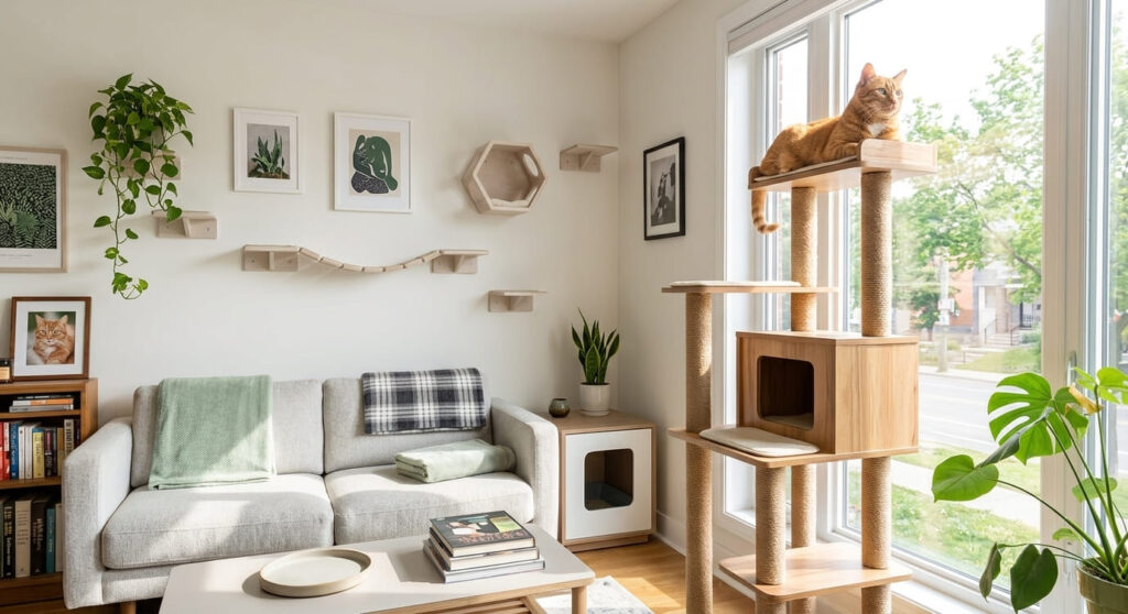 An orange tabby cat on a tall cat tree demonstrating perfect indoor cat enrichment in small apartments