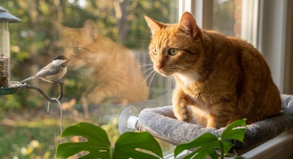 A cat watching birds from a window perch as a key pillar of indoor cat enrichment in small apartments