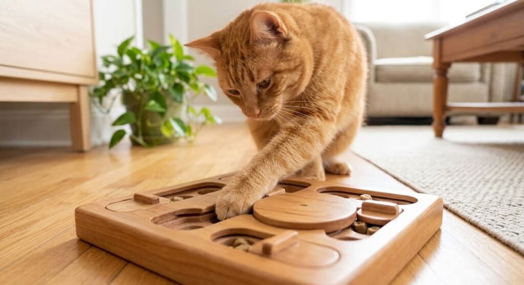 Using a wooden puzzle feeder to provide cognitive indoor cat enrichment in small apartments