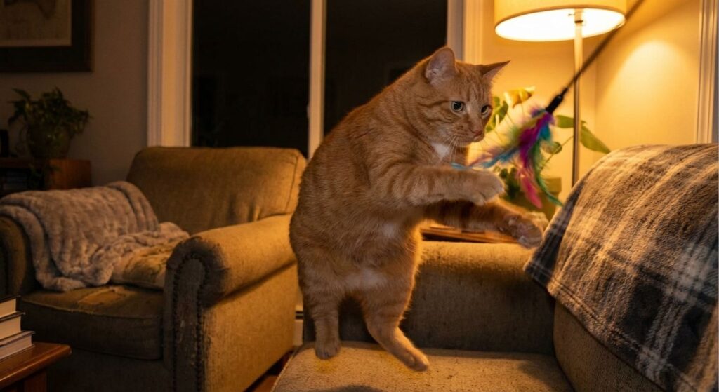 Orange cat playing with wand toy at night