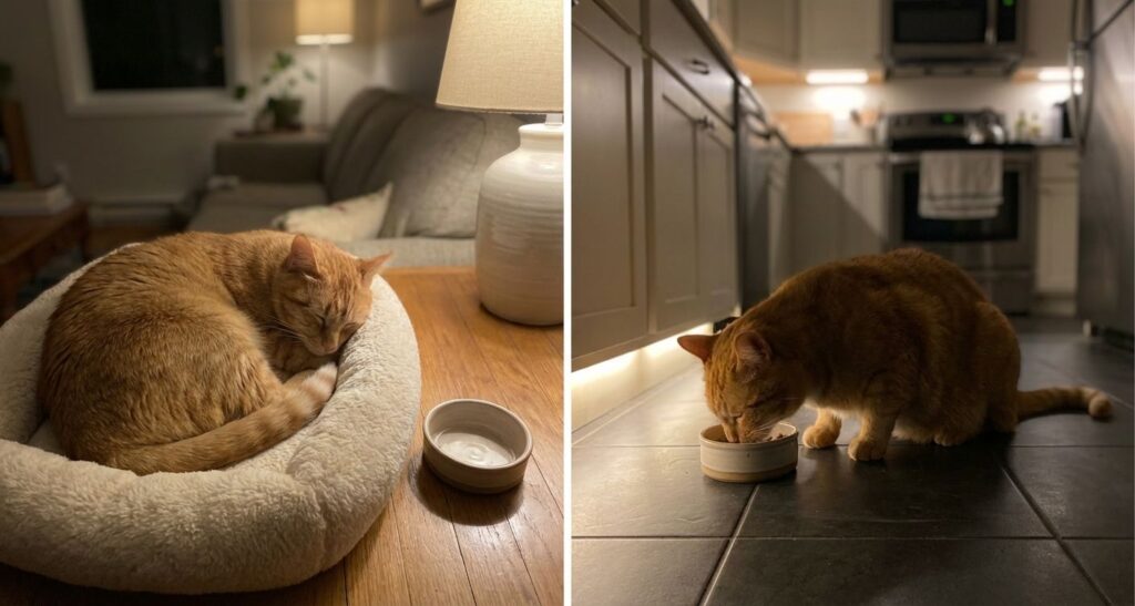 Tired indoor cat sleeping after nighttime routine