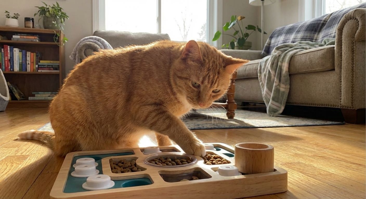 Sad orange tabby cat sitting by the front door, highlighting the need of how to entertain an indoor cat while at work