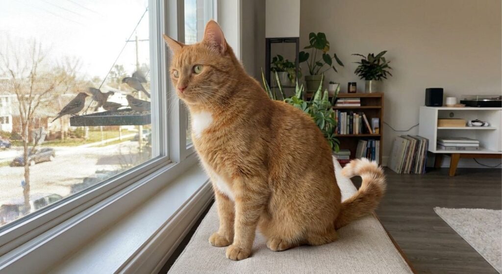 Orange indoor cat sitting on a window perch watching birds for daytime entertainment and visual stimulation