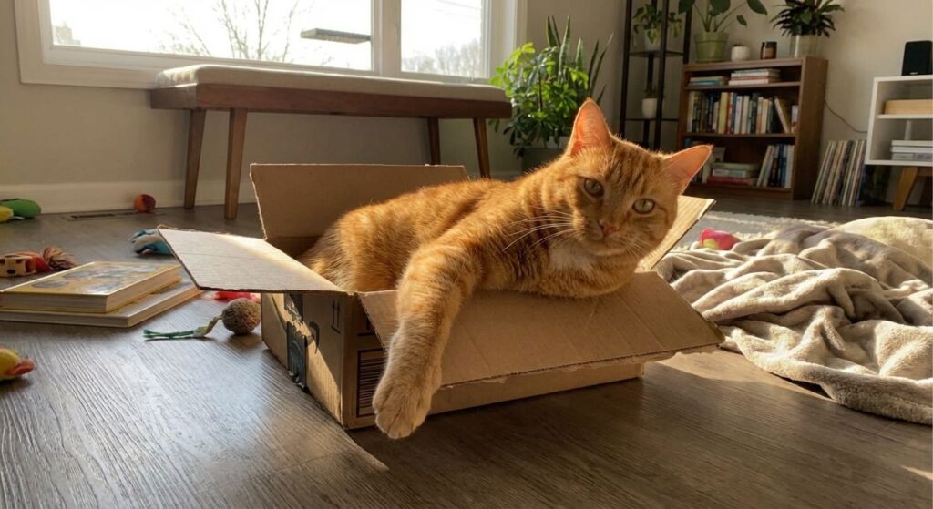 Chubby orange tabby cat actively foraging from a puzzle feeder toy while home alone in an apartment