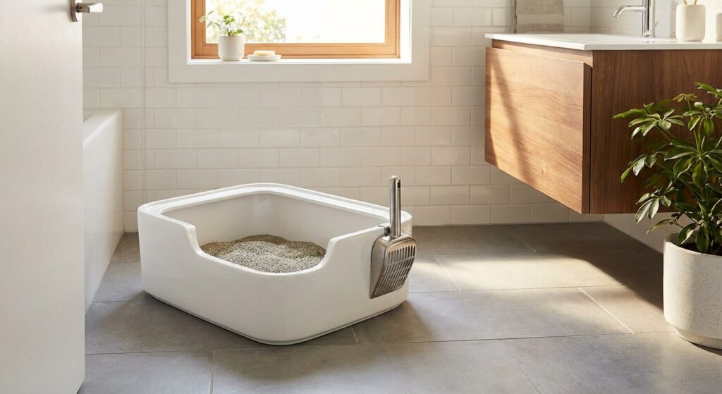 Clean minimalist cat litter setup showing how to keep litter box from smelling in small apartment