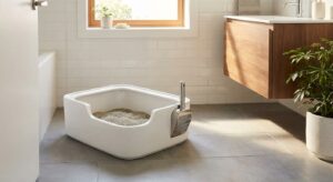 Clean minimalist cat litter setup showing how to keep litter box from smelling in small apartment