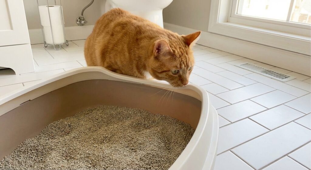 Open top litter box placed in a well-ventilated apartment bathroom to control ammonia odor