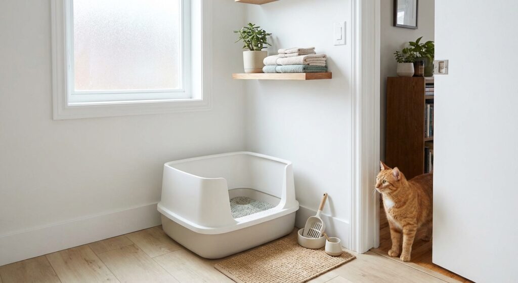 Washing an empty cat litter box with soap and water to eliminate bad smells in a small apartment