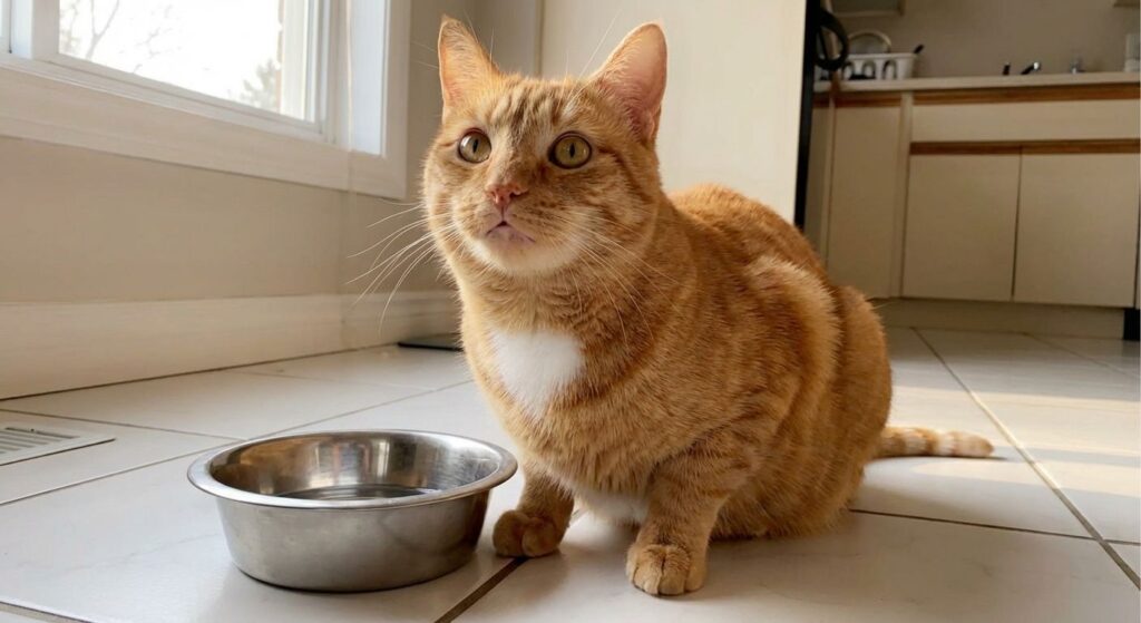 Chubby orange cat begging for food, highlighting the challenge of how to help indoor cat lose weight