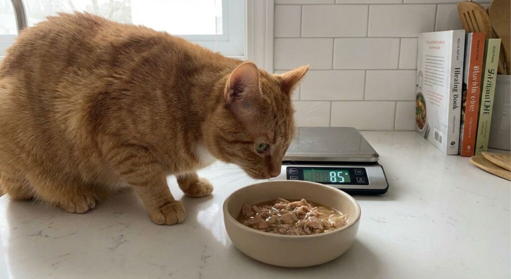 Using a digital kitchen scale to measure cat food portions accurately for weight loss