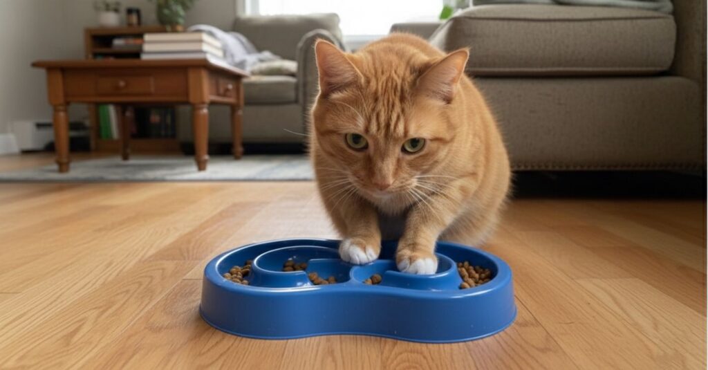 Indoor cat eating from a slow feeder puzzle bowl to prevent overeating and obesity
