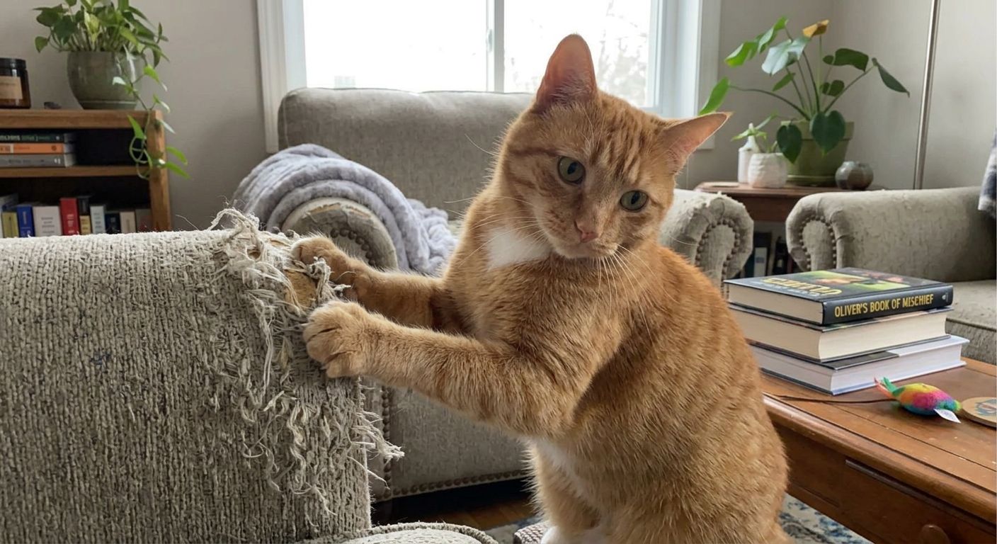 Orange tabby cat ruining furniture, highlighting the need of how to stop cat from scratching couch