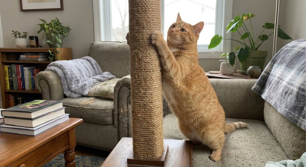 Using double-sided sticky tape and a tall sisal scratching post to protect apartment couches