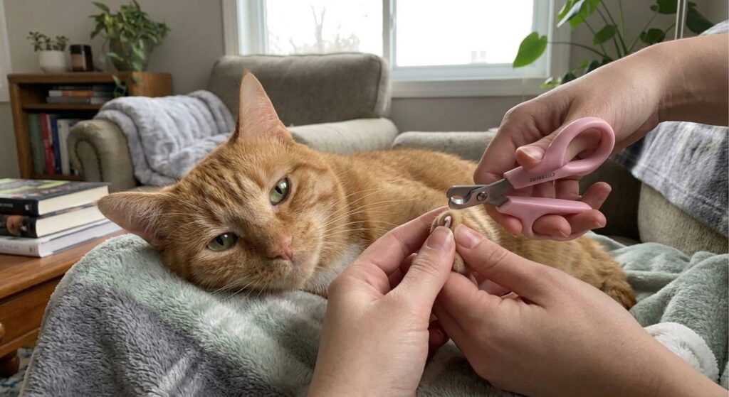 Trimming an indoor cat's claws safely at home to prevent furniture and couch damage