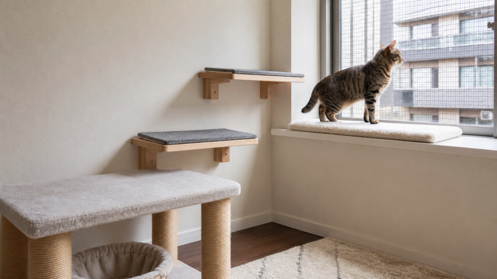 Stable vertical cat enrichment beside a securely screened apartment window