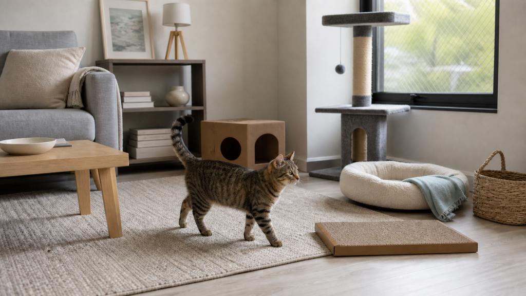 Indoor cat enrichment in small apartments with vertical space, scratching, hiding, and a secure window