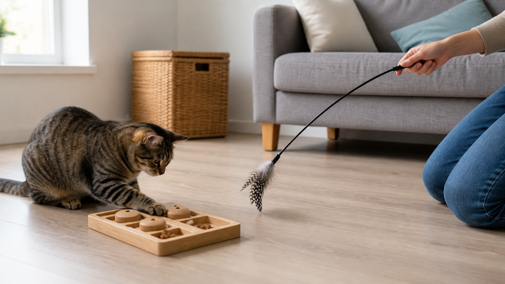 Indoor cat using a food puzzle during supervised hunting play in a small apartment