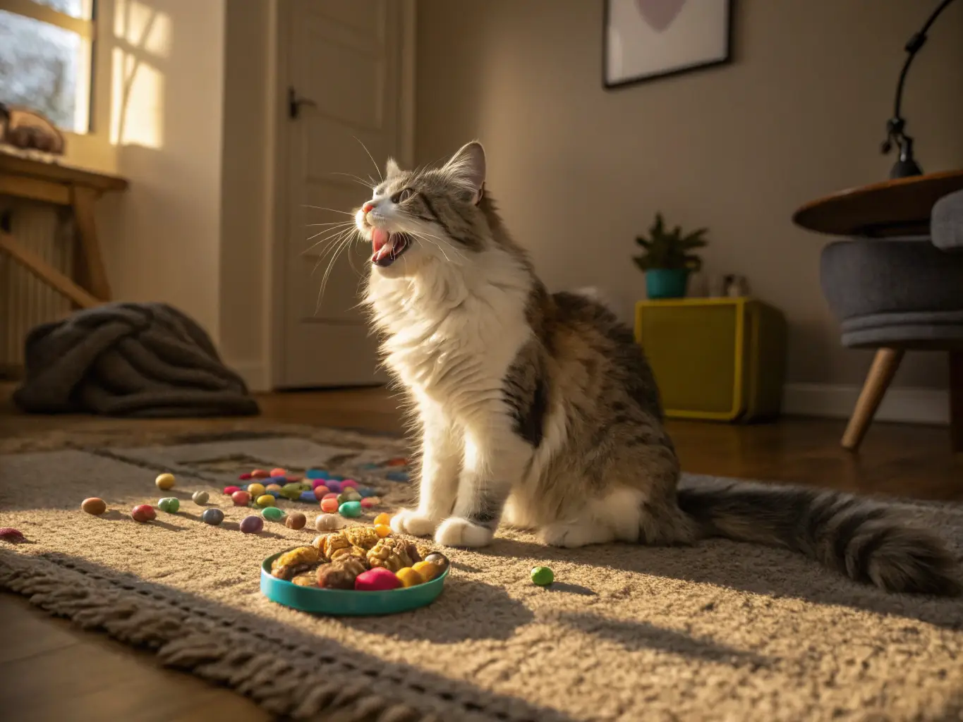A serene indoor setting with a cat happily playing with a puzzle toy, showcasing mental stimulation and engagement.