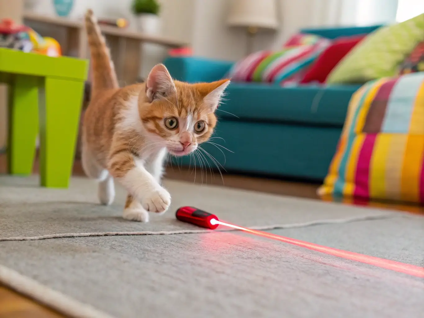 A variety of cat toys scattered around a bright and inviting indoor space, encouraging physical activity and play.