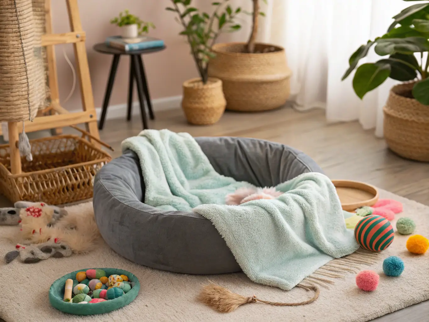 A cozy indoor environment featuring a cat tree with multiple levels, scratching posts, and comfortable resting spots.