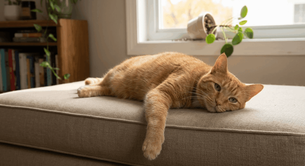 Orange cat knocking a plant off a windowsill, demonstrating one of the classic signs indoor cat is bored
