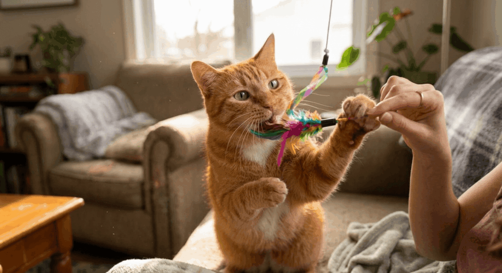 Using a feather wand toy to actively play with a cat and cure feline boredom