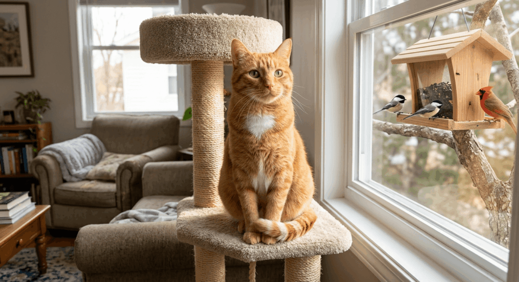 Happy indoor cat sitting on a tall cat tree looking out the window at a bird feeder
