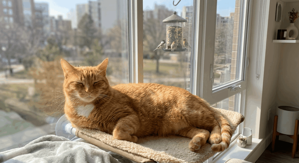 Chubby orange tabby cat sleeping safely on a heavy-duty suction cup cat window perch apartment setup
