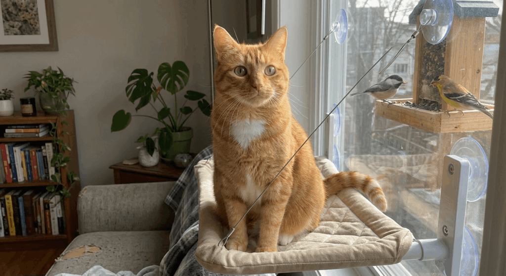 Indoor cat watching birds from a sturdy cat window perch apartment setup while owner is at work
