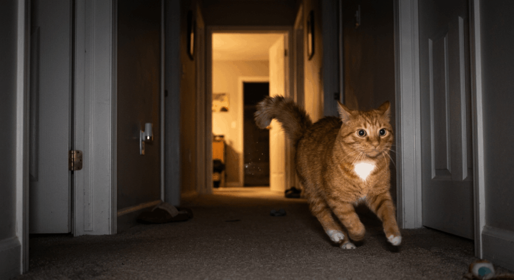 Orange cat sprinting through an apartment, showing classic signs of cat zoomies at night
