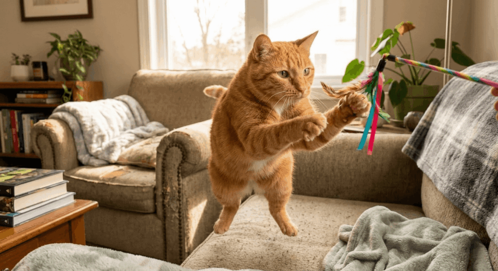Using a wand toy to actively play with an indoor cat to stop cat zoomies at night
