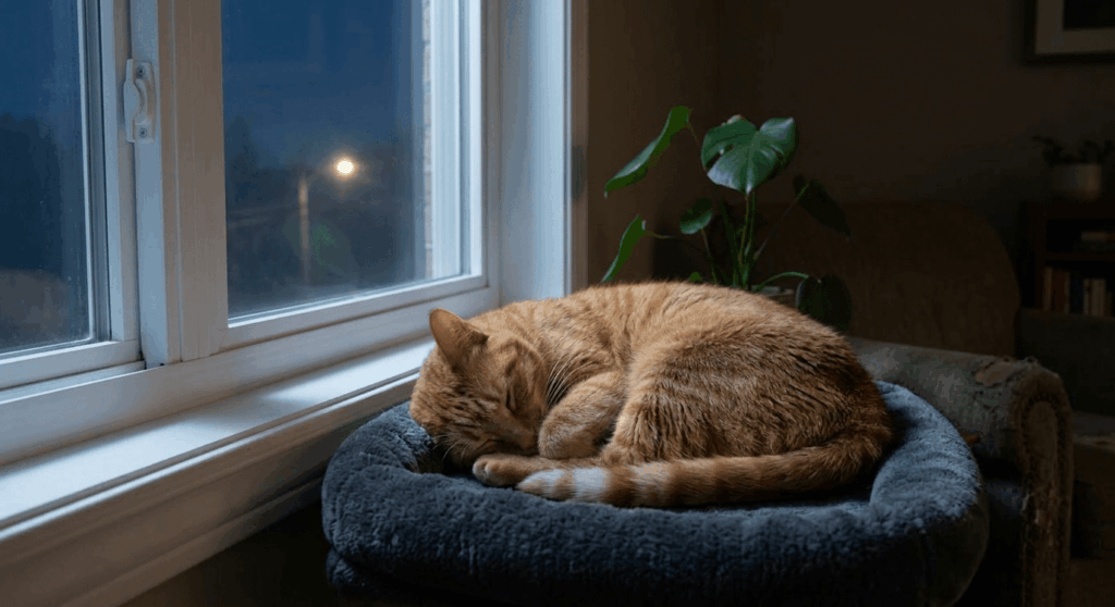 Tired indoor cat sleeping peacefully after a consistent nighttime play and feeding routine