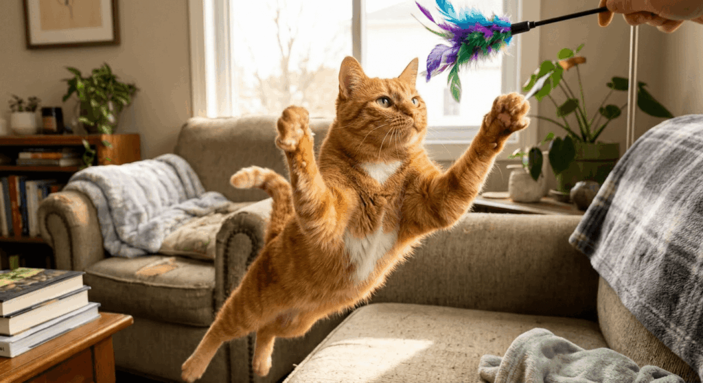 Orange cat jumping for a wand toy, starting his daily indoor cat exercise routine