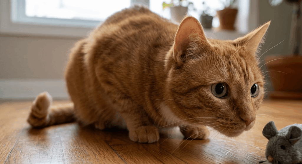 Indoor cat stalking a toy mouse to trigger the biological hunt, catch, and kill instinct