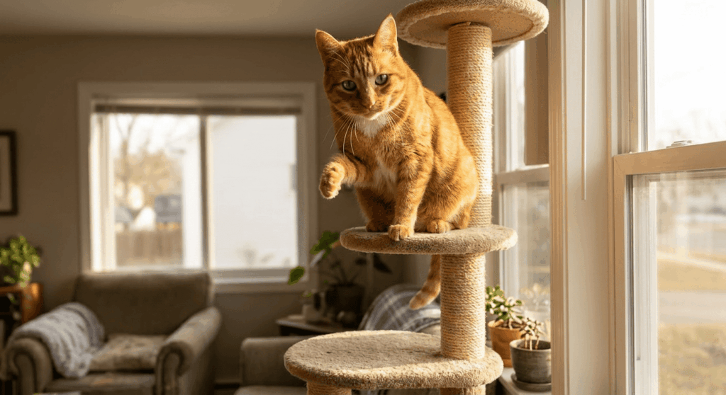 Orange cat sitting on a tall cat tree showing the benefits of vertical climbing and exercise