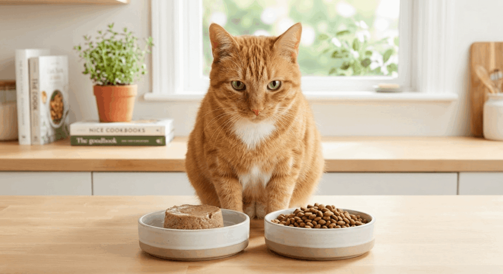 Orange cat choosing between bowls, representing the debate of wet food vs dry food indoor cats