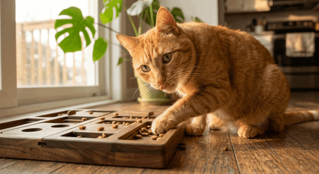 Using dry kibble in a puzzle feeder toy to provide mental enrichment for an apartment cat