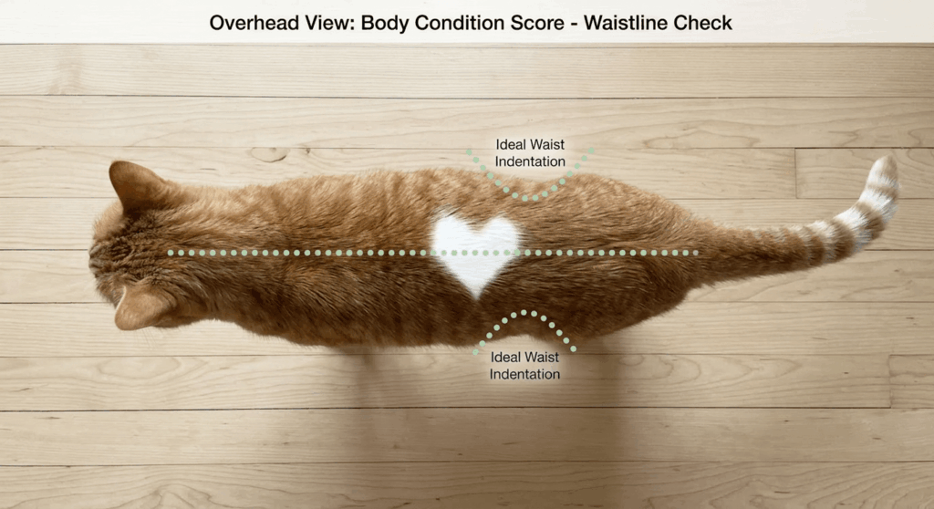 Looking at an indoor cat from above to see if they have a visible waistline or are overweight