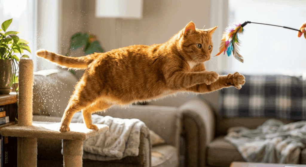 Using a wand toy to help an overweight indoor cat lose weight and stay active