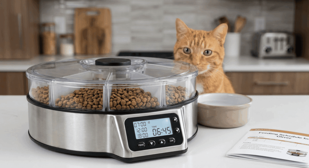 Using an automatic timed pet feeder to maintain a consistent indoor cat feeding schedule for busy owners