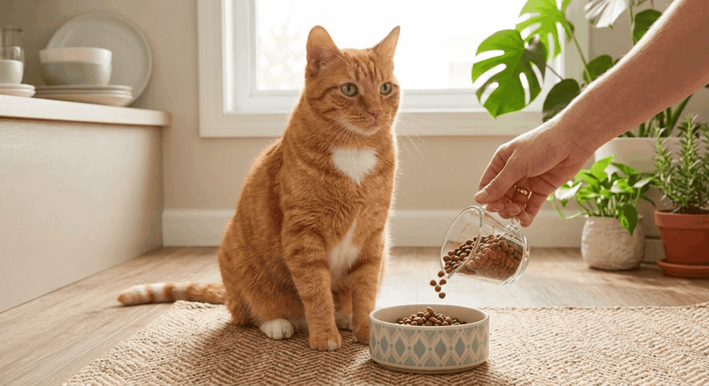 Orange tabby cat waiting calmly for its meal after adopting a healthy indoor cat feeding schedule