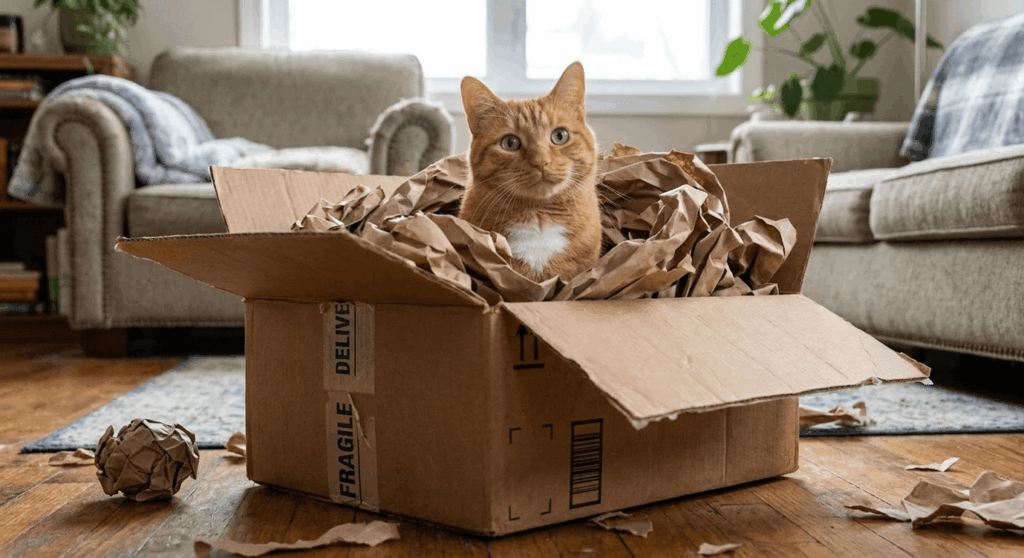 Orange cat ignoring expensive toys to play in a cardboard box, the ultimate DIY cat enrichment ideas apartment hack