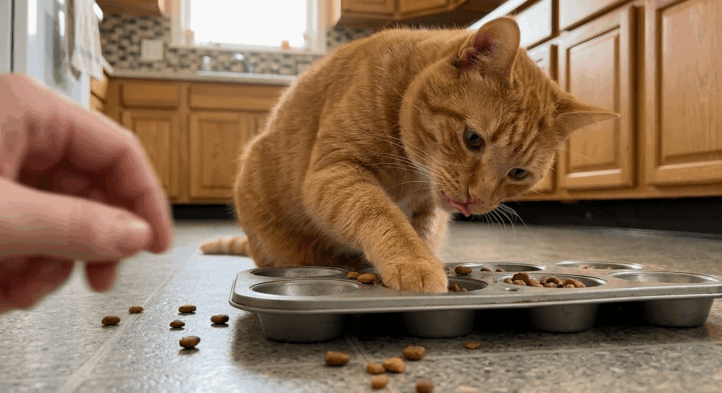 Using empty toilet paper rolls to make a cheap DIY puzzle feeder for an indoor cat