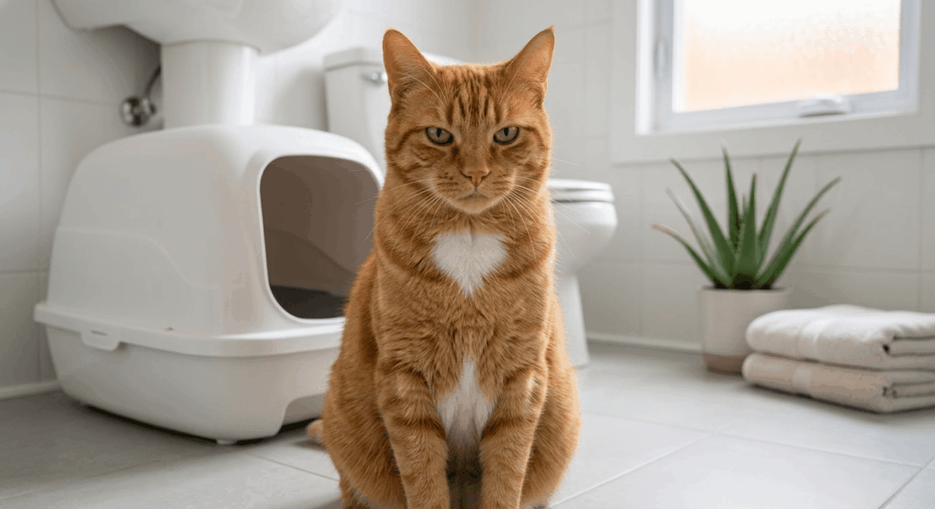 Orange cat looking annoyed and demanding to know how often clean litter box routines should happen