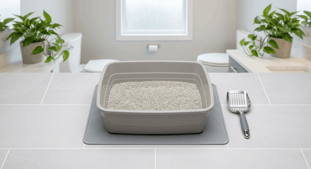 Pristine open litter box filled with fresh clumping litter after daily scooping