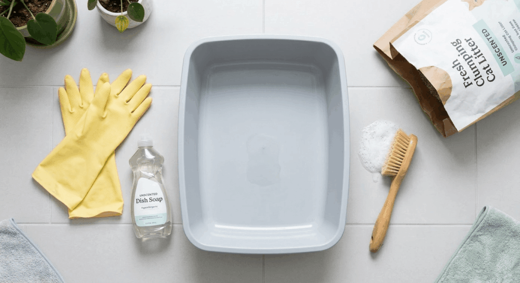 Deep cleaning an empty cat litter box with mild soap to prevent ammonia odors