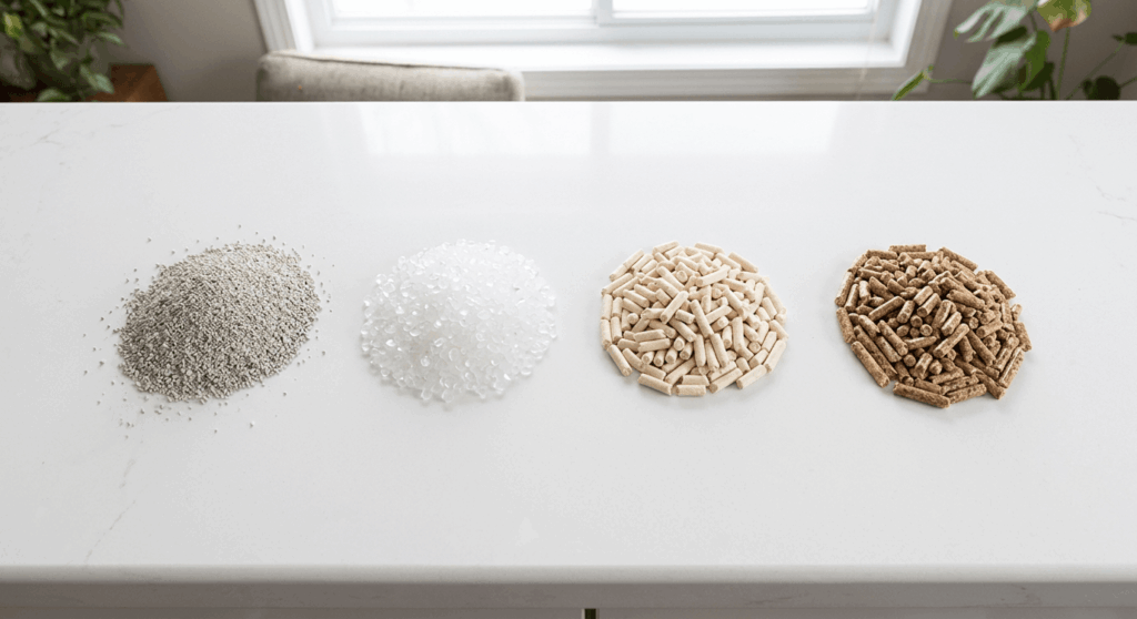 Orange cat looking at different materials to find the best cat litter odor control apartment solution