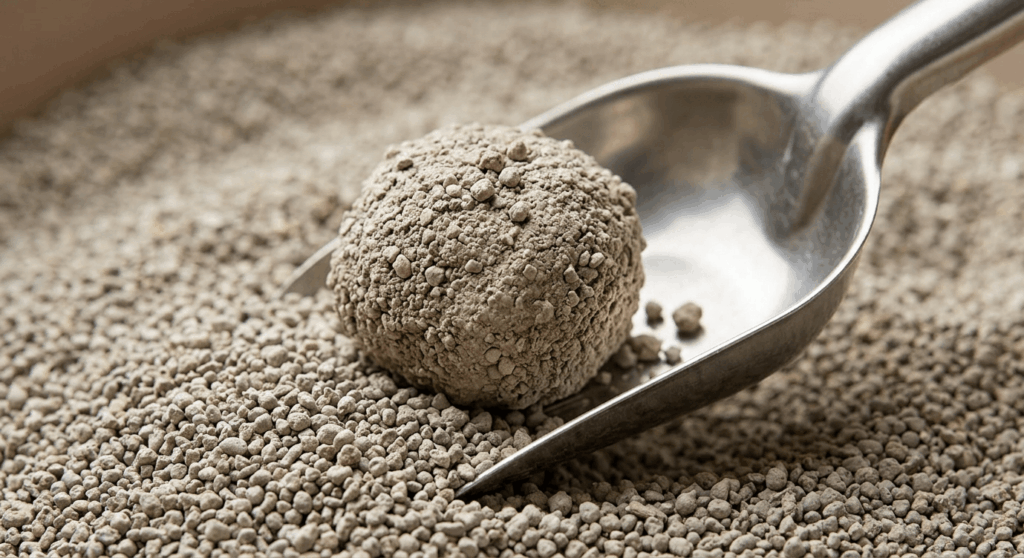 Unscented clumping clay cat litter forming a tight ball to lock in ammonia odors