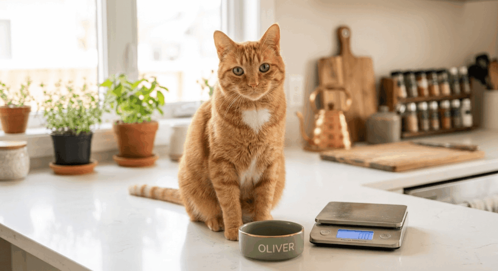 Using a digital kitchen scale to measure portions and figure out exactly how much to feed indoor cat