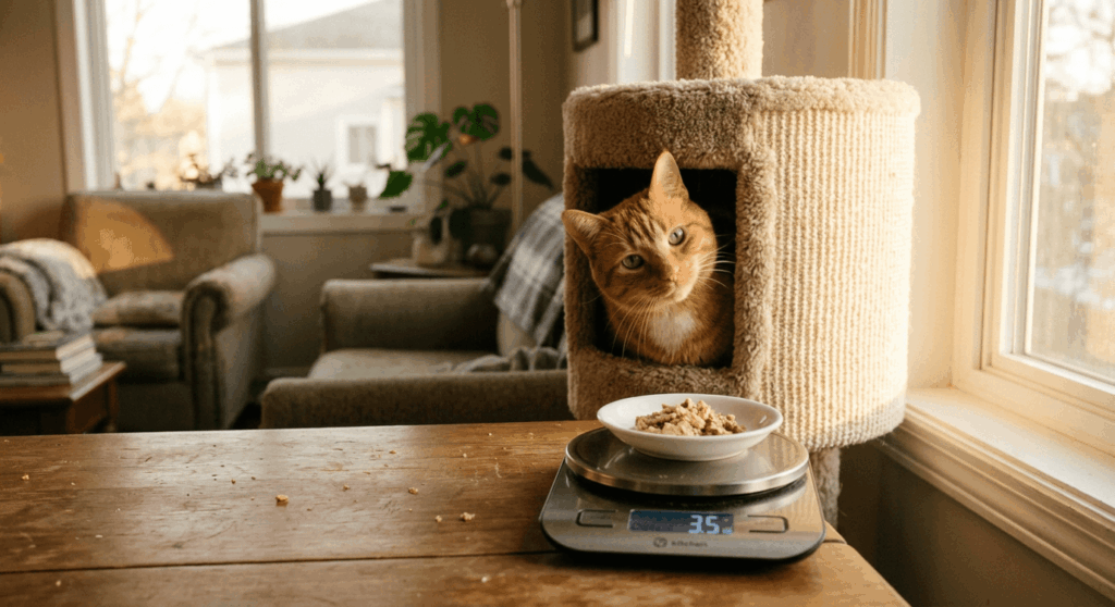 Weighing wet cat food in a ceramic bowl to ensure an indoor cat gets the exact right daily calories